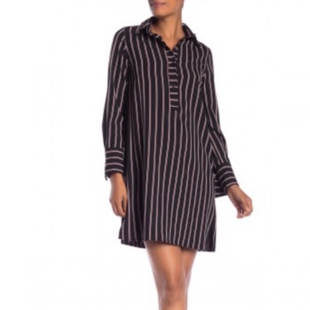 Max Studio Black White Red Stripe Polo Long Sleeve Mini Dress S